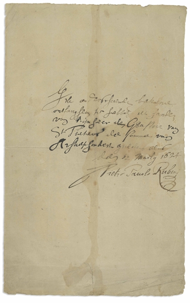 Scarce Peter Paul Rubens Autograph Note Signed From 1624 During the Marie de' Medici Cycle -- Rubens Confirms Receipt of 1,800 Guilders From St. Pieters Church, Likely for a Commissioned Painting